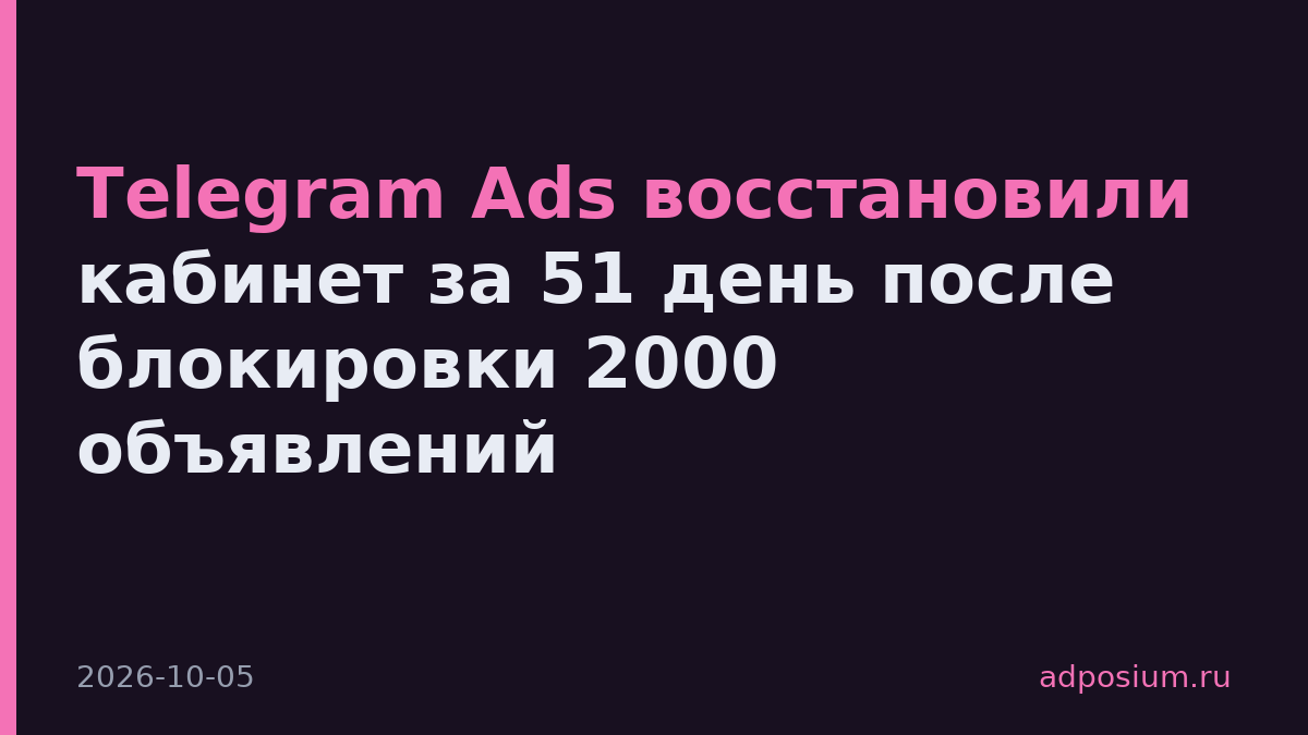 Telegram Ads восстановили кабинет за 51 день после блокировки 2000 объявлений